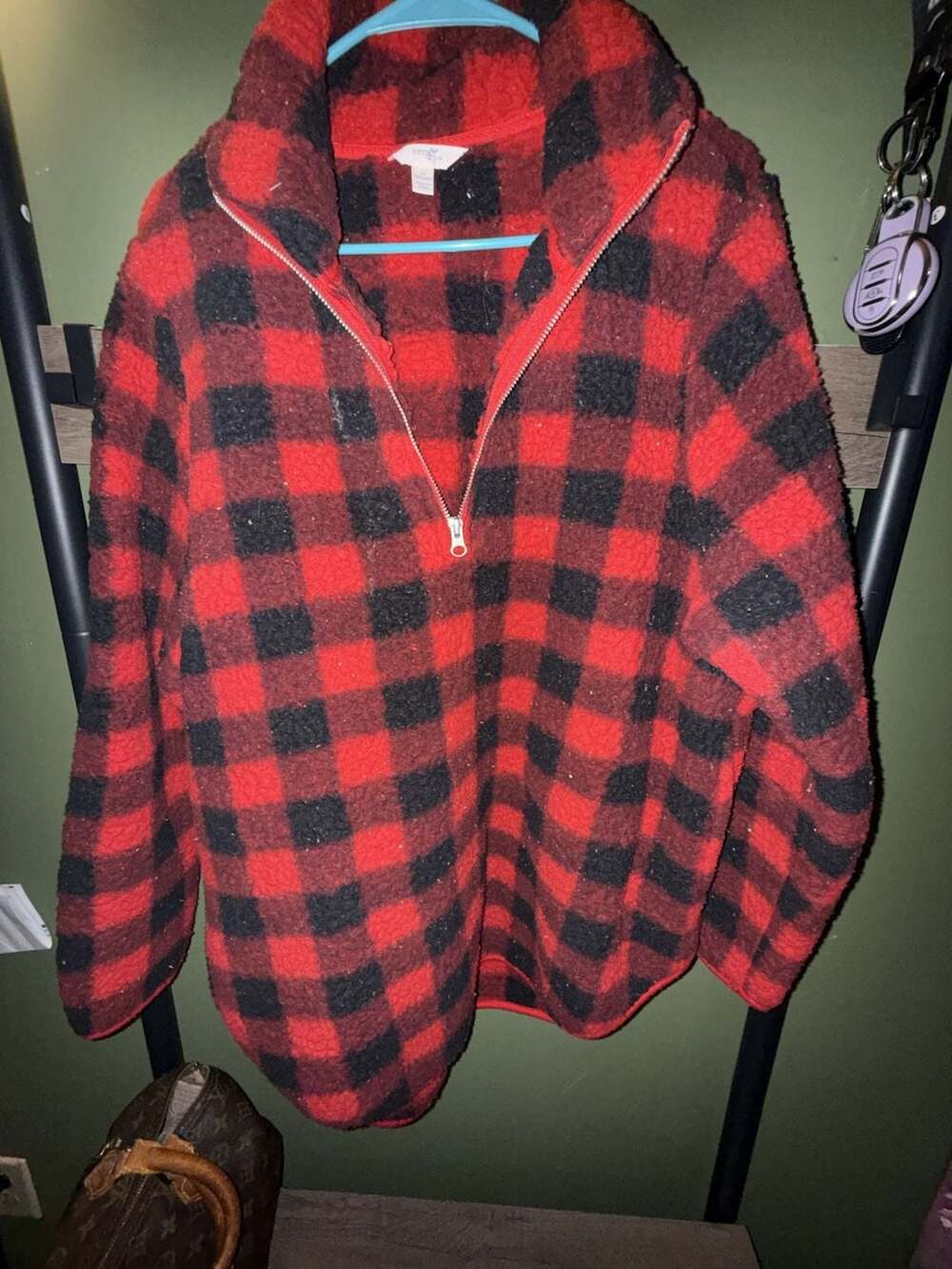 Terra & Sky Sherpa Fleece Pullover Size 1X Red Black Plaid Quarter Zip